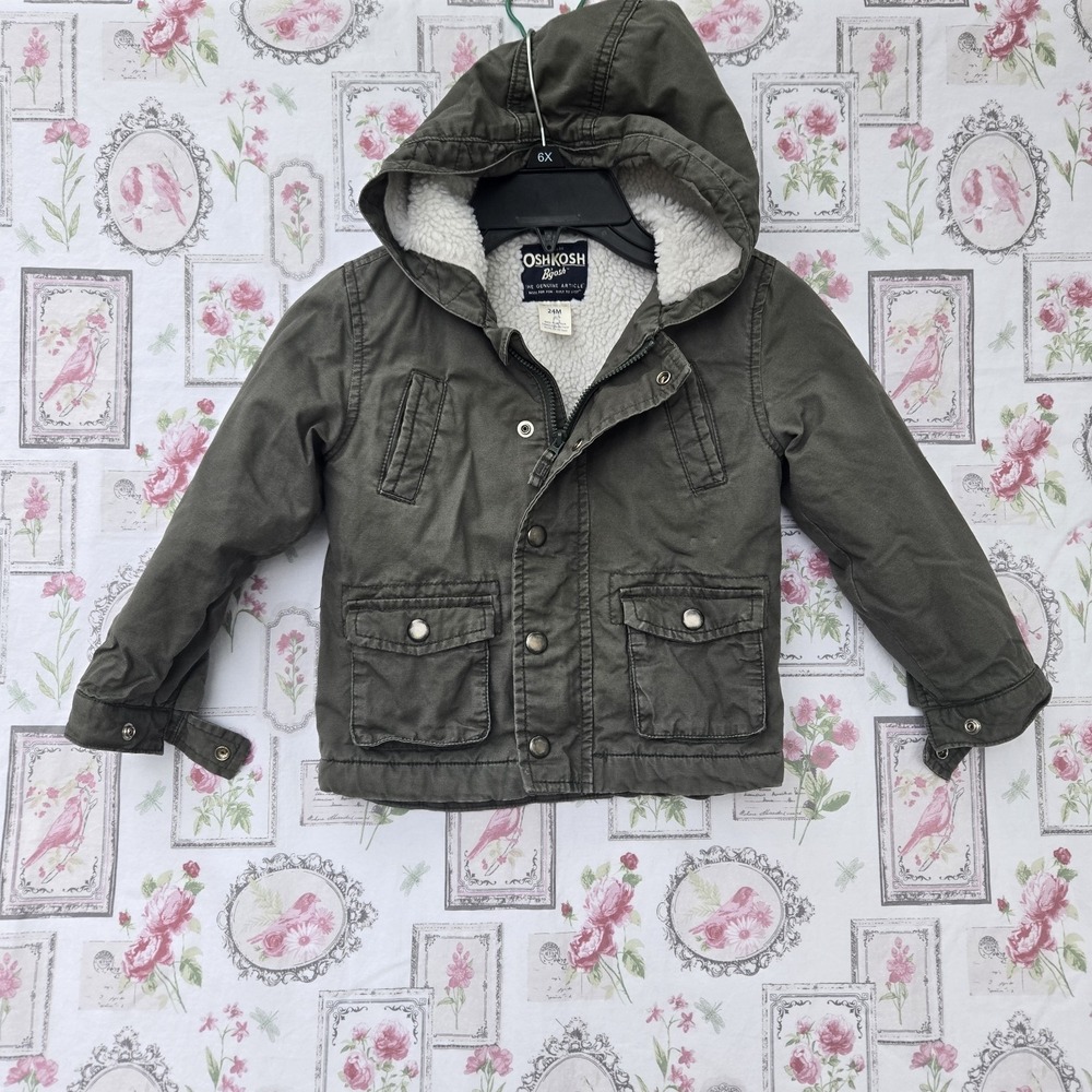 OshKosh B'gosh Toddler Boy 24M Green Utility‎ Jacket Sherpa Hooded Fleece Lined